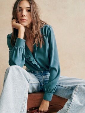 Sezane Chlo Silk Blouse - storm blue - size 38